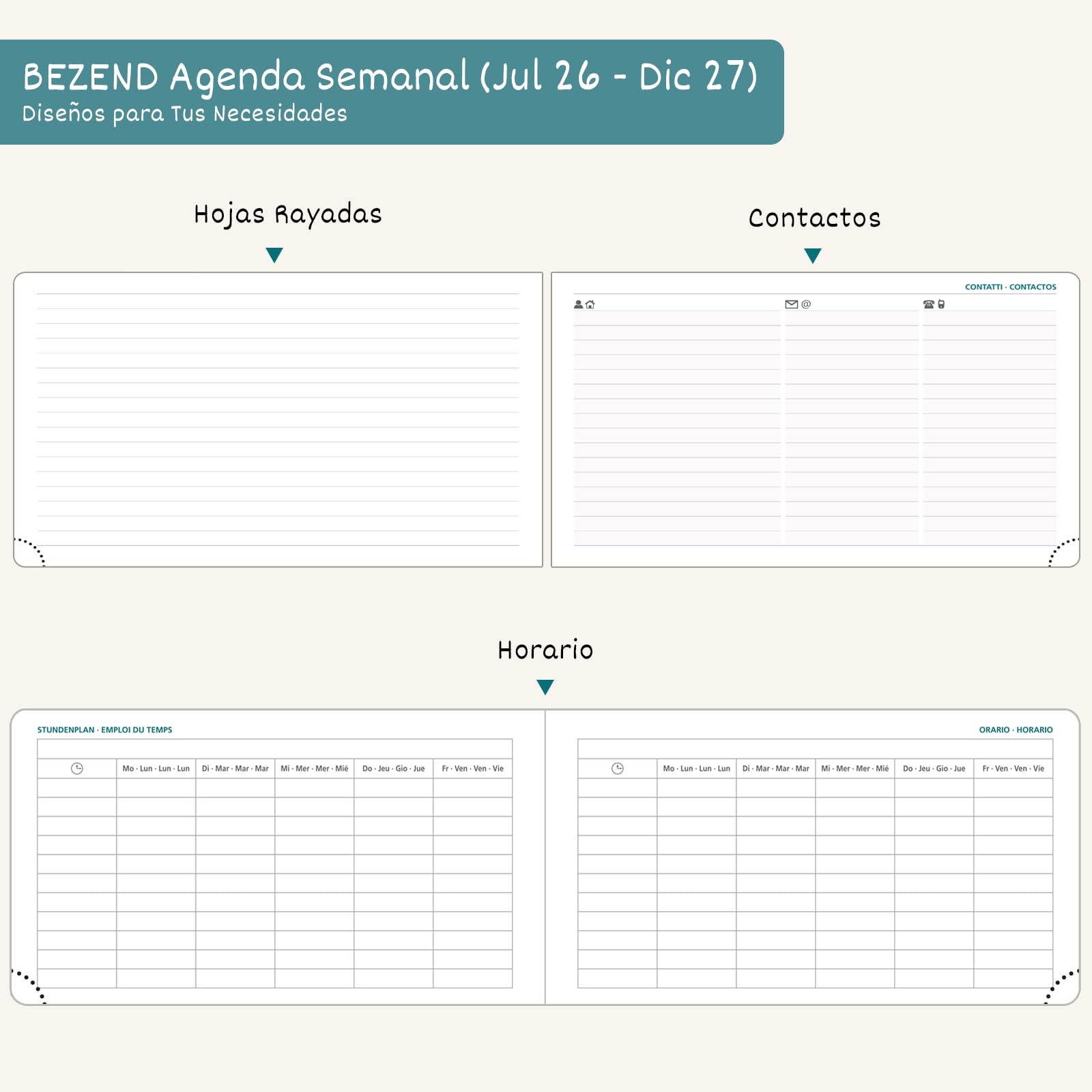 BEZEND Agenda Escolar 2026 2027 Semana Vista Pequeña, 18 Meses de Jul.26 a Dic.27, Agenda Semanal de Bolsillo 16,7 x 9,4 cm, Formato Horizontal, Borde de Oro Rosa, Tapa Dura Cuero PU, Beige