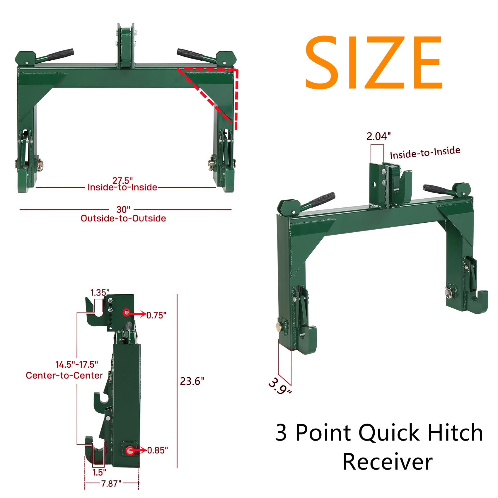 Parts-Diyer 3 Point Quick Hitch 3000 lbs Adaptation to Category 1 & 2 Tractor 3-Pt Attachments with 5 Level Adjustable Bolt, Orange
