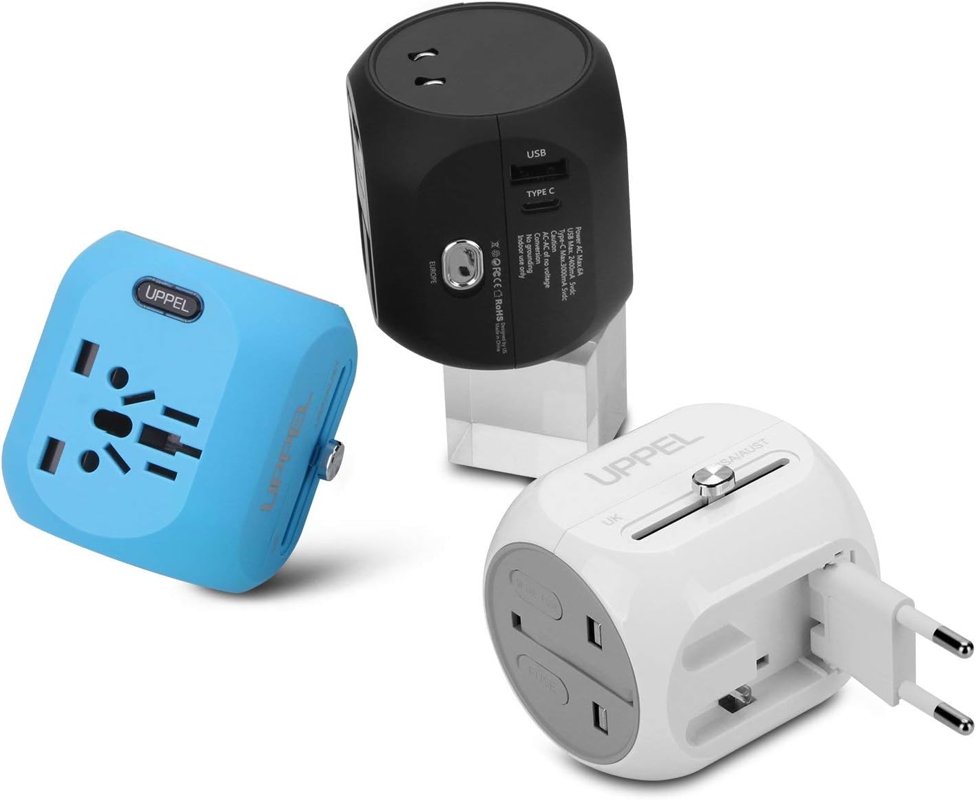 International Power Adapter, UPPEL Travel Adapte European Adapter Wall Charger Power with USB/Type-C Port Support 100V-240V for US,AU,Asia,Europe,UK Plug Adapters Compatible (Black+Blue+White 3packs)