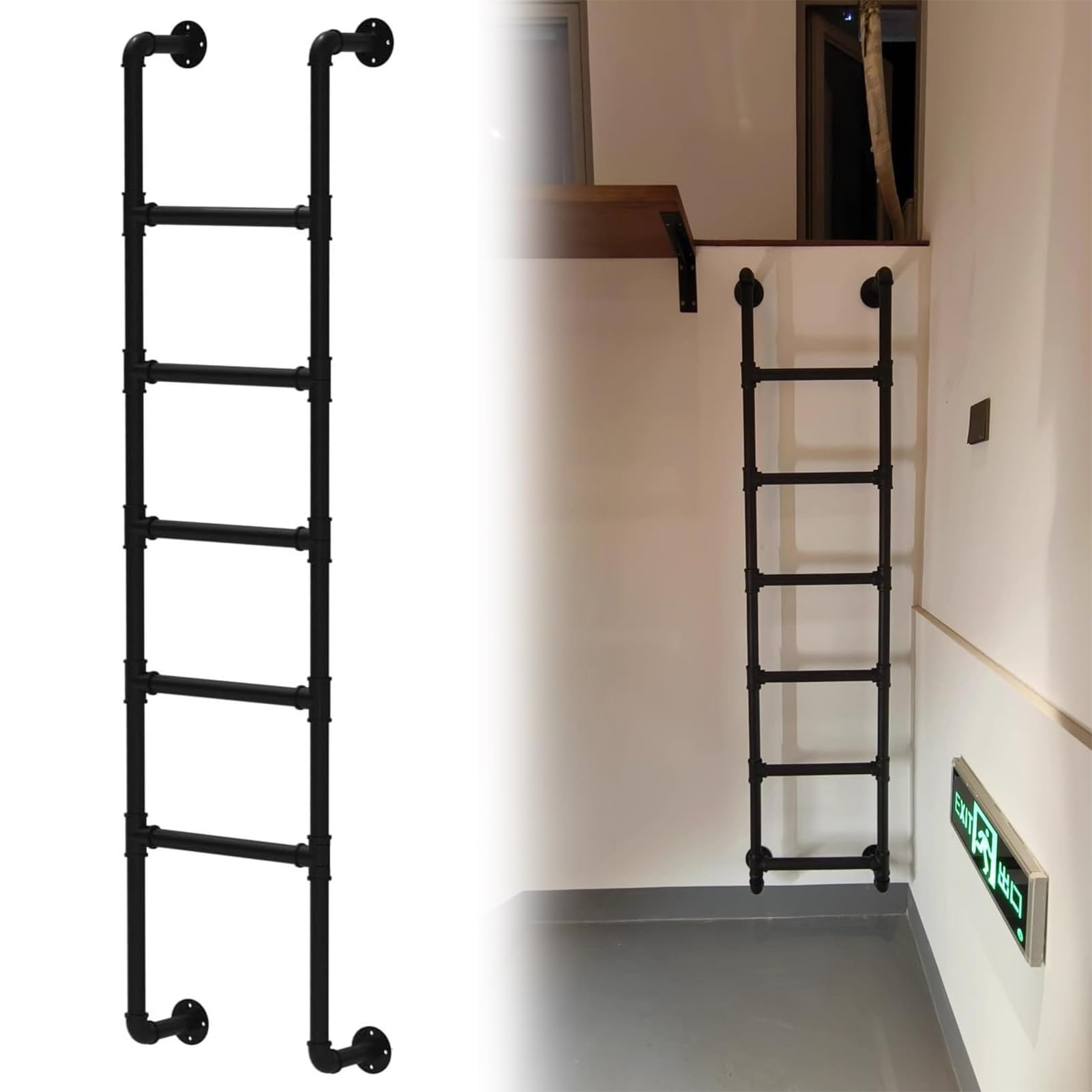 Heavy Duty Emergency Egress Ladder for Window WellBlack Wrought Iron Fire Escape Ladder WallMounted Metal Step Ladder for Attics Lofts and Bunk Beds Supports 330 LBS