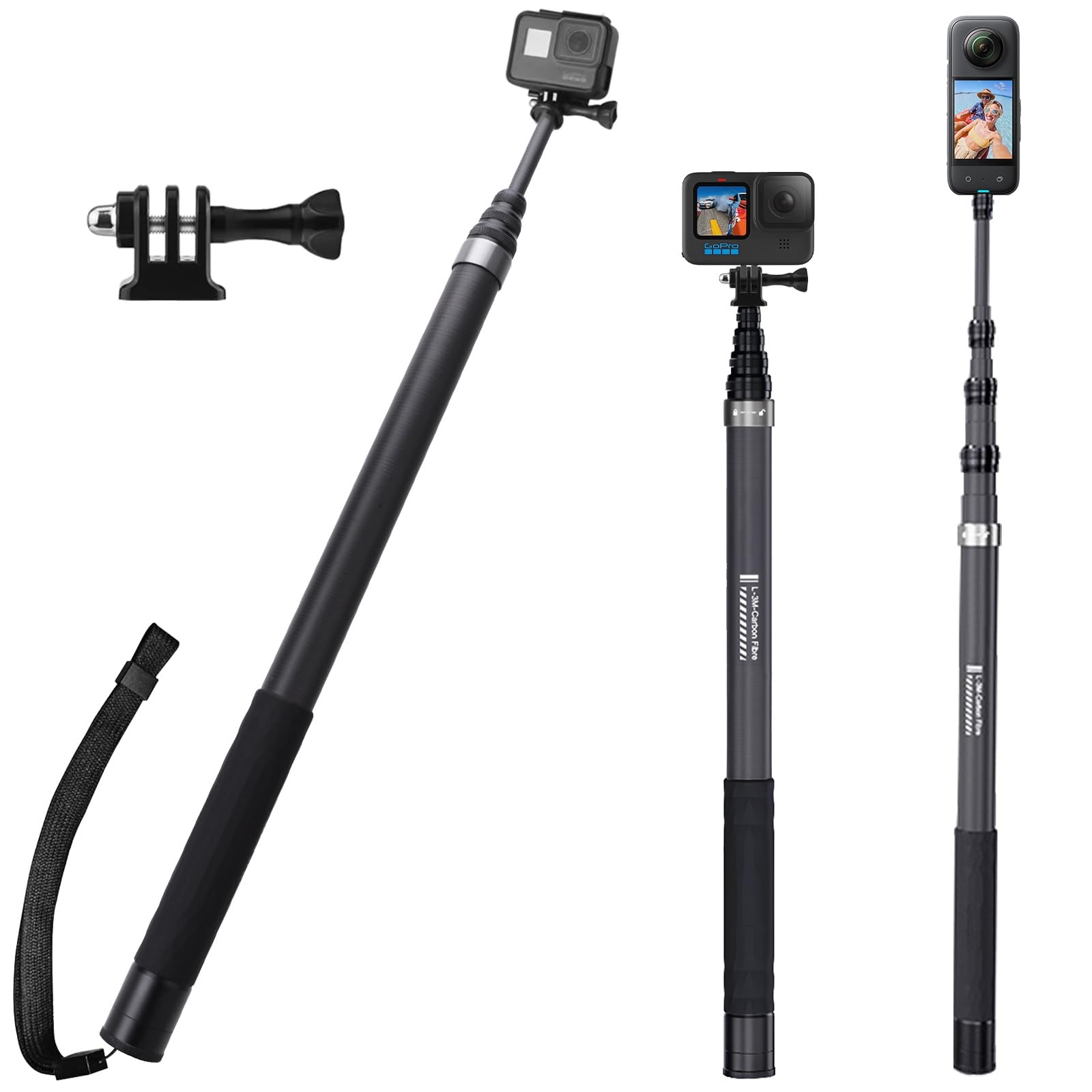 Wiseten 3M Niewidoczny kij do selfie z włókna węglowego 3 m do Insta 360 X5 X4 X3, kij do selfie długi pręt przedłużający monopod z adapterem do GoPro Hero 13 12 11 10 9 czarny DJI Osmo Action 5 Pro 4