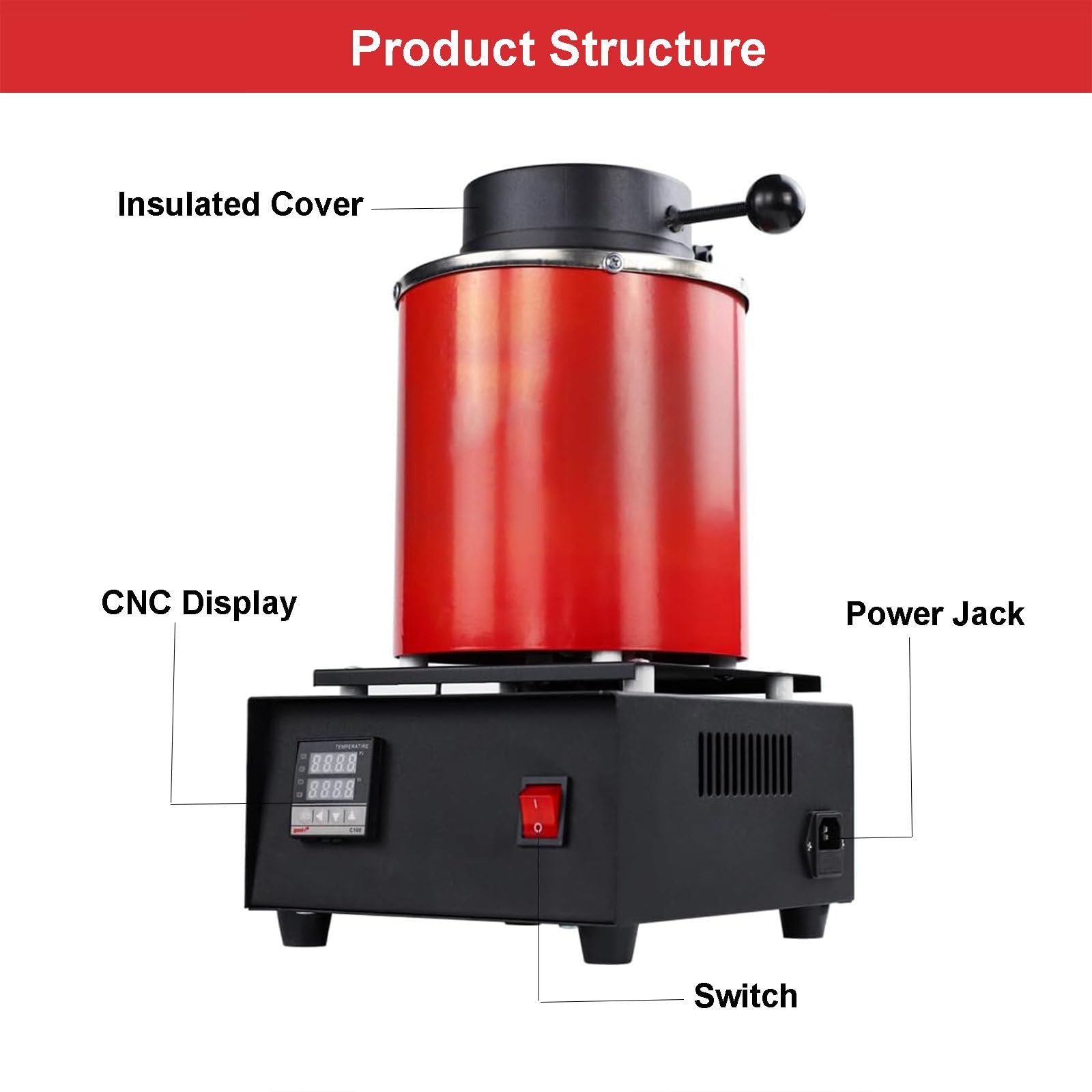 El Kit De Horno para Fundir Oro Incluye Crisol De Grafito, Pinzas, Cable De Alimentación Y Guantes, Máquinas De Fundición De Metales para Oro, Plata, Plomo, Bronce (Rojo/Negro),Red