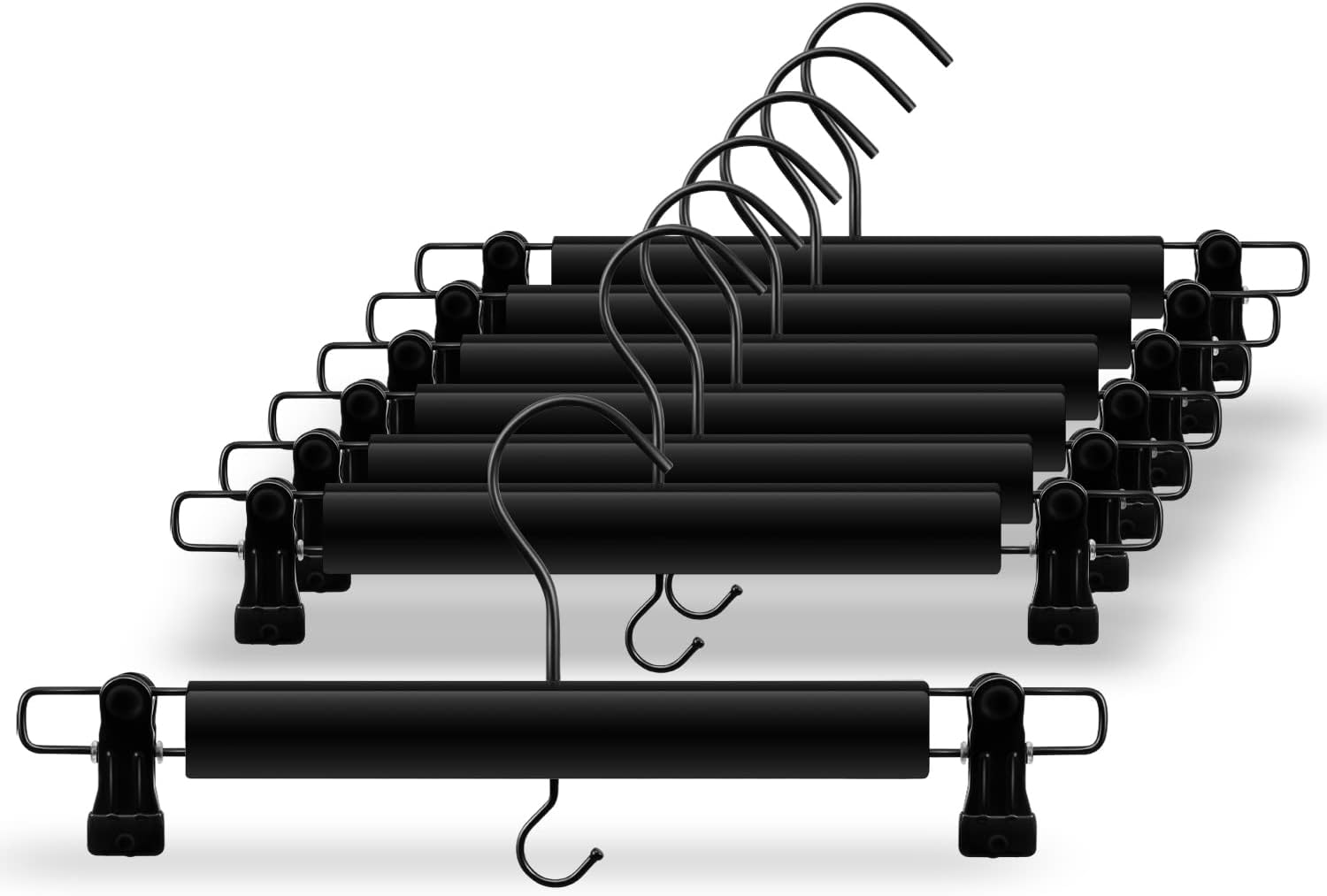 Black Wooden Hangers for Pants and Skirts - 10 Pack, Premium Quality Noise Reduction Coated Hook, Durable Two-Way Sure Grip Clips, Closet Organization, Non-Slip & Space Saving