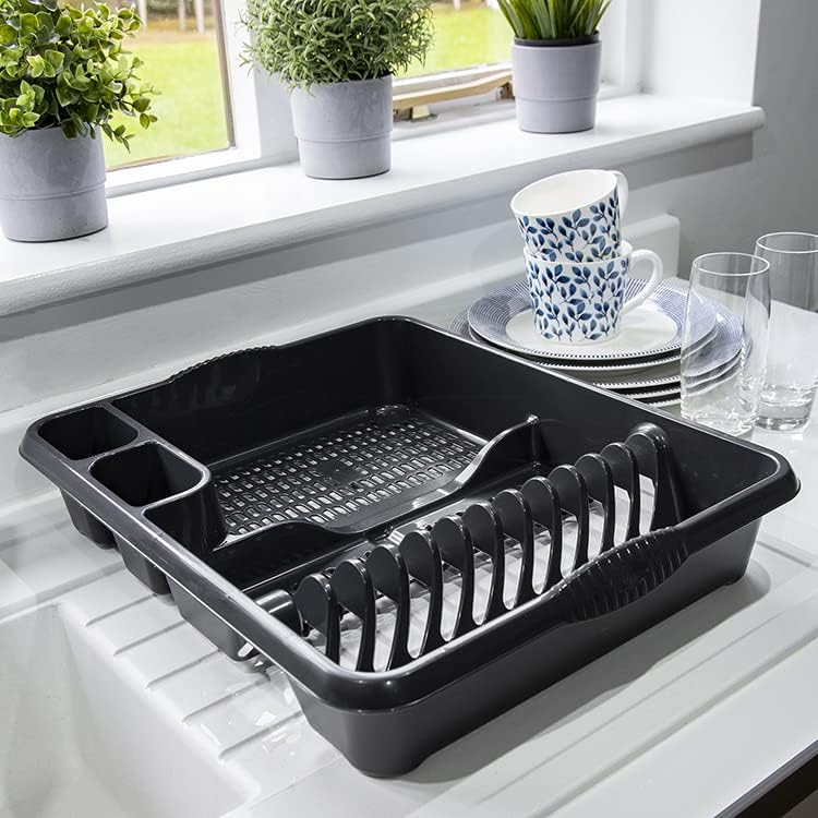 JMS we create smile [  ] Plastic Dish Drainer with Sink Tidy, Washing Up Bowl & Cutlery Tray-Home/kitchen Accessories (Midnight Grey/Dark Grey)