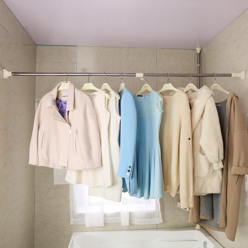 BAOYOUNI Expandable Shower Curtain Rod Straight Clothes Drying Rod Rail Adjustable Heavy Duty Closet Hanging Bar for Bathroom Wardrobe Kitchen Balcony (Ivory, 90-125 Inches)