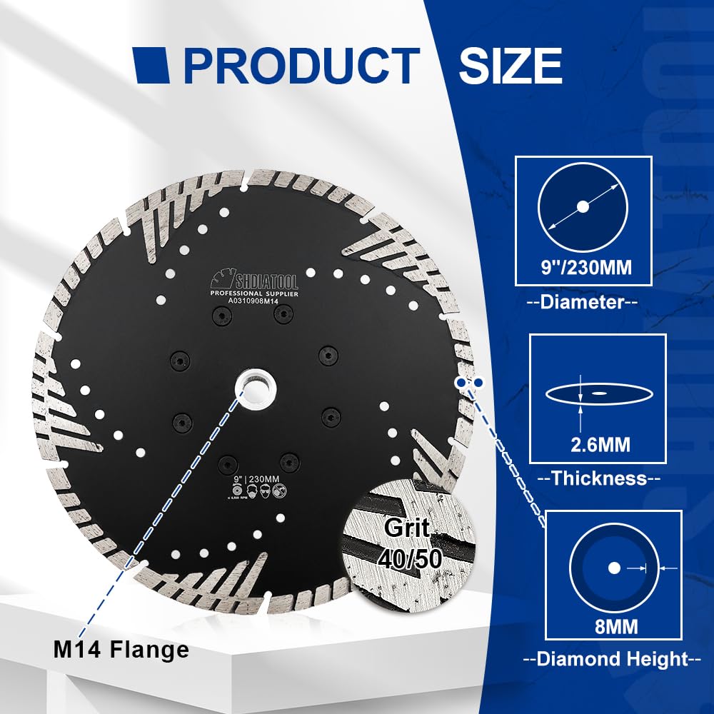 SHDIATOOL Disco de Corte de Diamante 2 Piezas 230mm x M14 Hoja de Sierra con Turbo Slant Protection Dientes para Ladrillo Azulejos Cerámica Mármol Granito