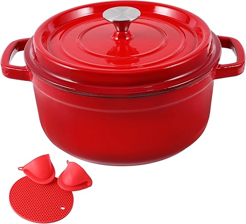 MEIGUI Horno holandés de hierro fundido de 7 cuartos de galón, horno holandés antiadherente esmaltado, olla redonda holandesa con tapa, forros de
