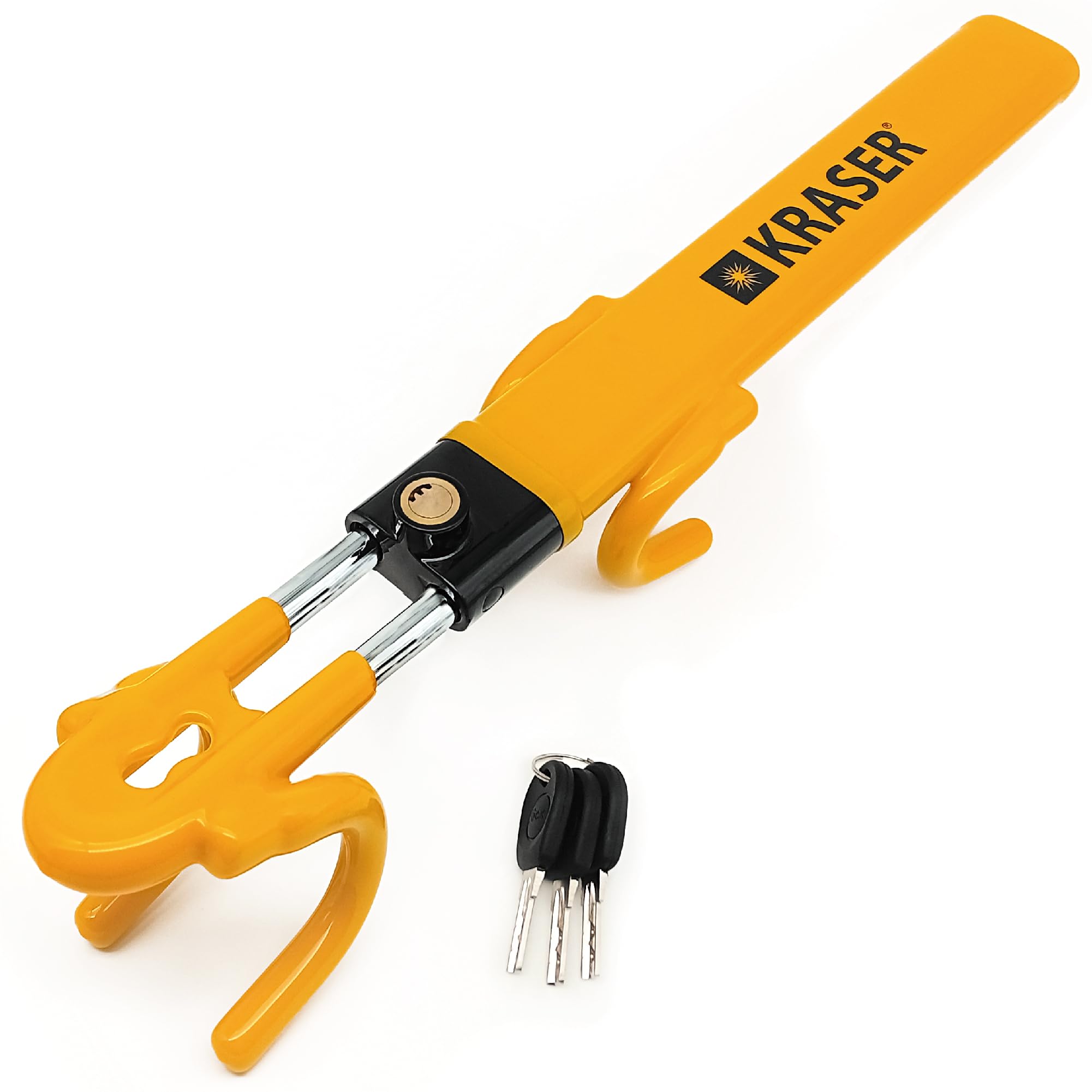 KRASER KR842Y Antirrobo Coche, Alta Seguridad, Bloqueo Volante de Doble Barra, Más Robusto y Disuasorio, Doble Gancho con Protección Antiarañazos, Cepo Coche Universal SUV Furgoneta Autocaravana