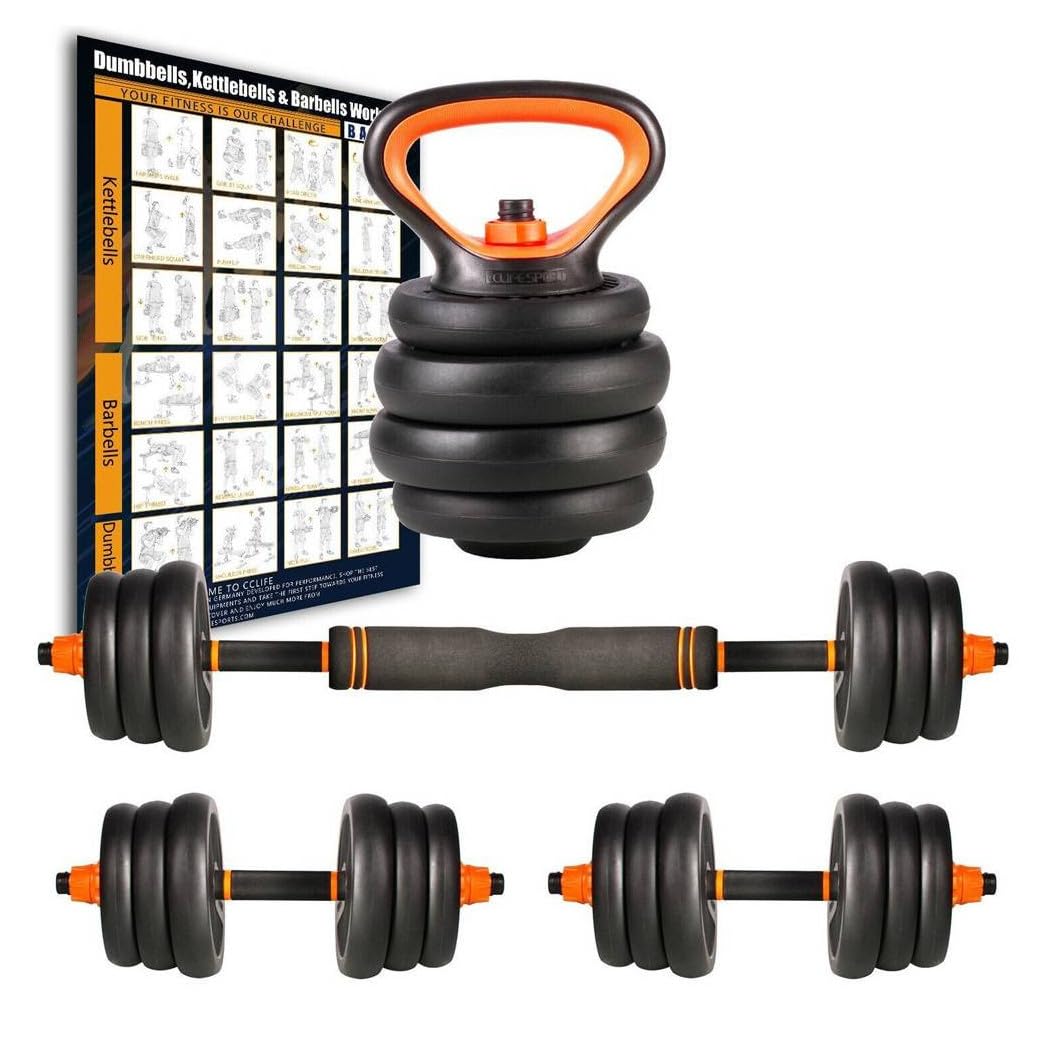 Trade Shop - Set 6in1 Multifunzione Peso 20kg Manubri con Bilanciere E Kettlebell Componibile -