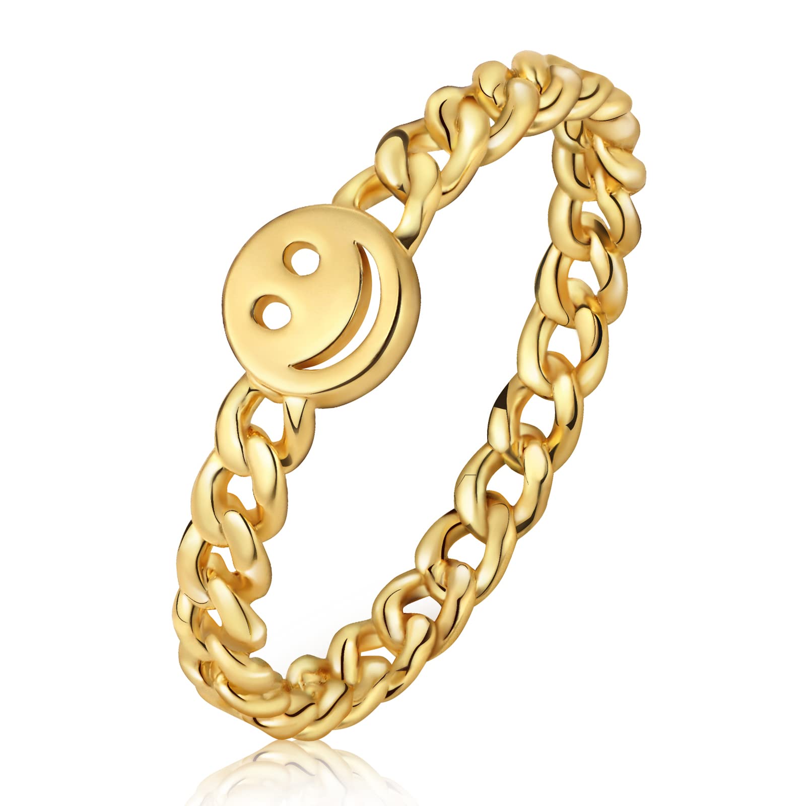 YeGieonr Women Good Luck Smiley Face Ring Happy Face Stackable Ring with Cute Chain Link Band | Yellow Gold, SIZE 7