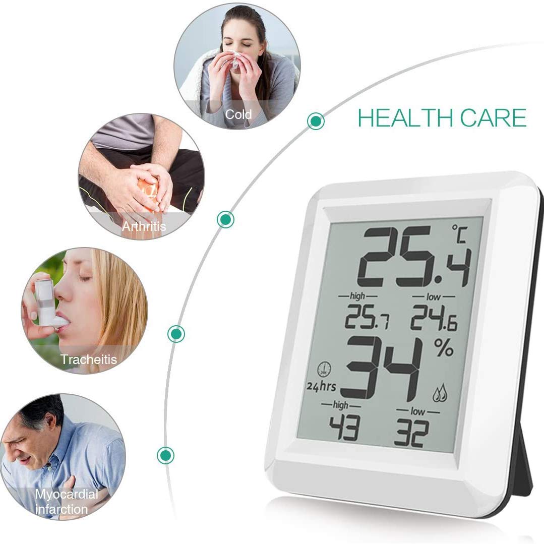 Termometro Igrometro Orologio, Misuratore di umidità Digitale per Interni Termometro Monitor con Display LCD Facile da Leggere, per Ufficio Camera da Letto Cucina Baby Room