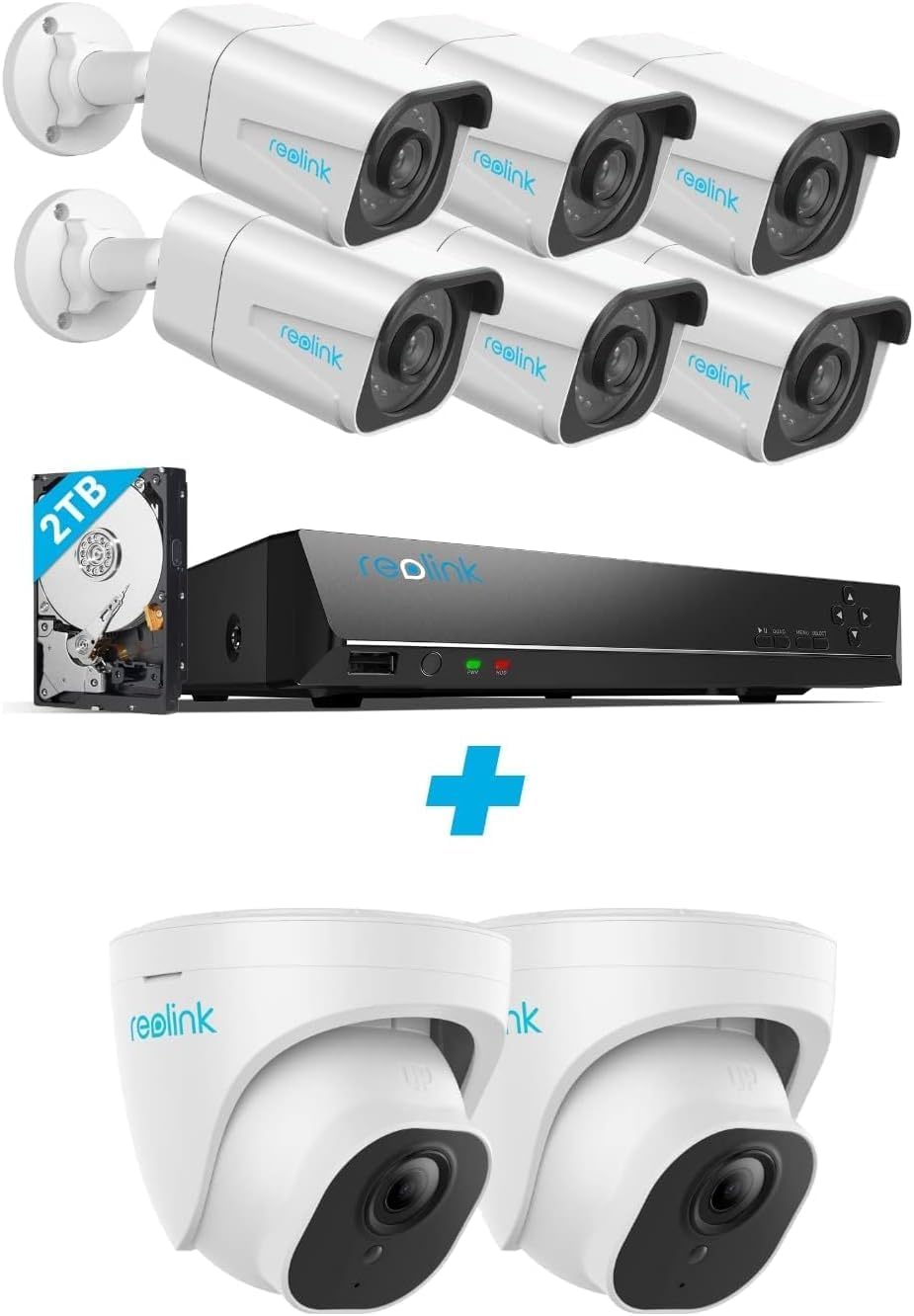 REOLINK 4K 8MP PoE Security Camera System, 8pcs Person/Vehicle Detection IP Cameras, 8CH NVR Pre-Installed with 2TB HDD, RLK8-800B6 Bundle with 2X RLC-820A