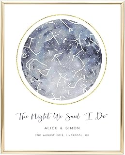 Personalised Star Map Print, Unframed, Custom Constellation Print, Watercolour Night Sky Map Poster, First Wedding Anniversary Gift for Husband 1 Year, Customised by Date, Time & Location