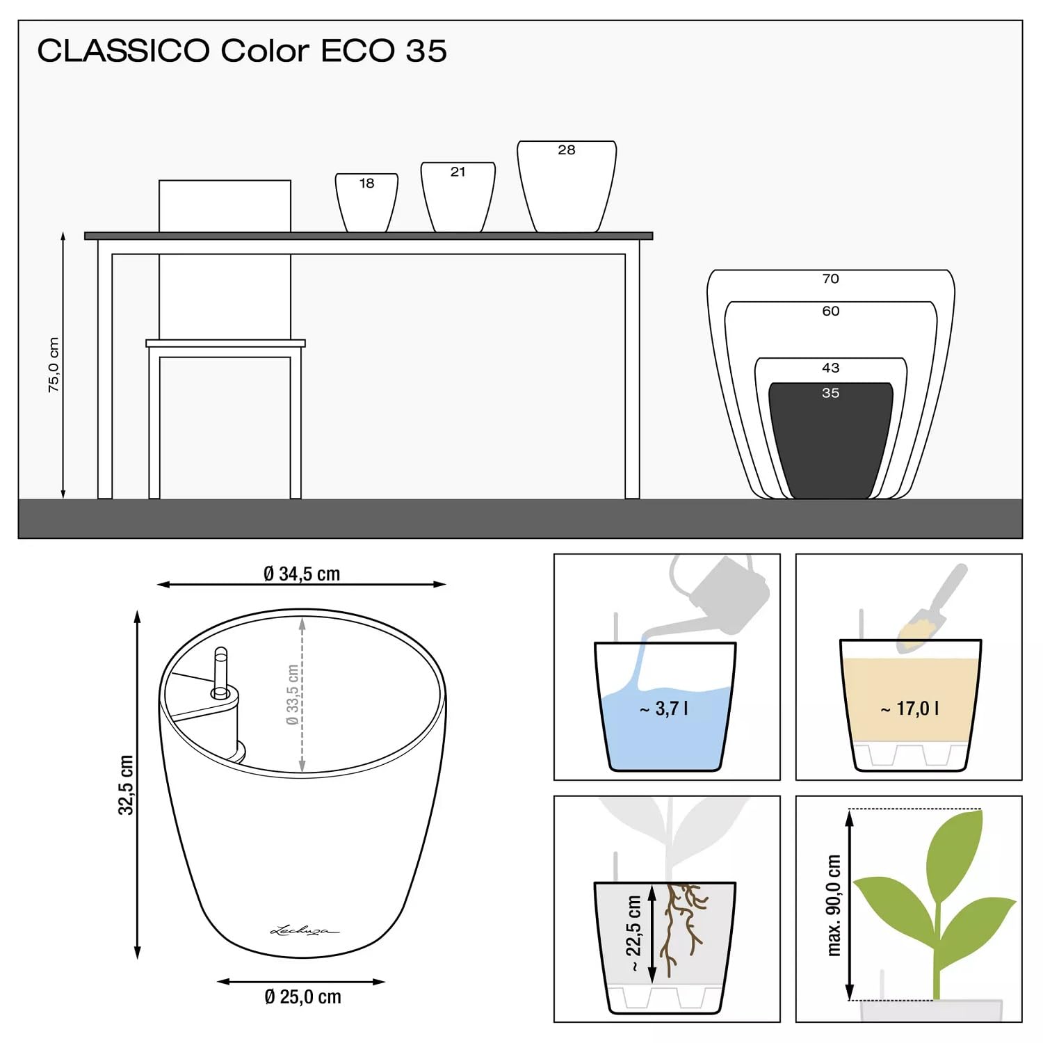 LECHUZA - Vaso per piante Classic Color ECO 35, grigio scuro, con sistema di irrigazione e indicatore del livello dell'acqua, in plastica riciclata al 100%