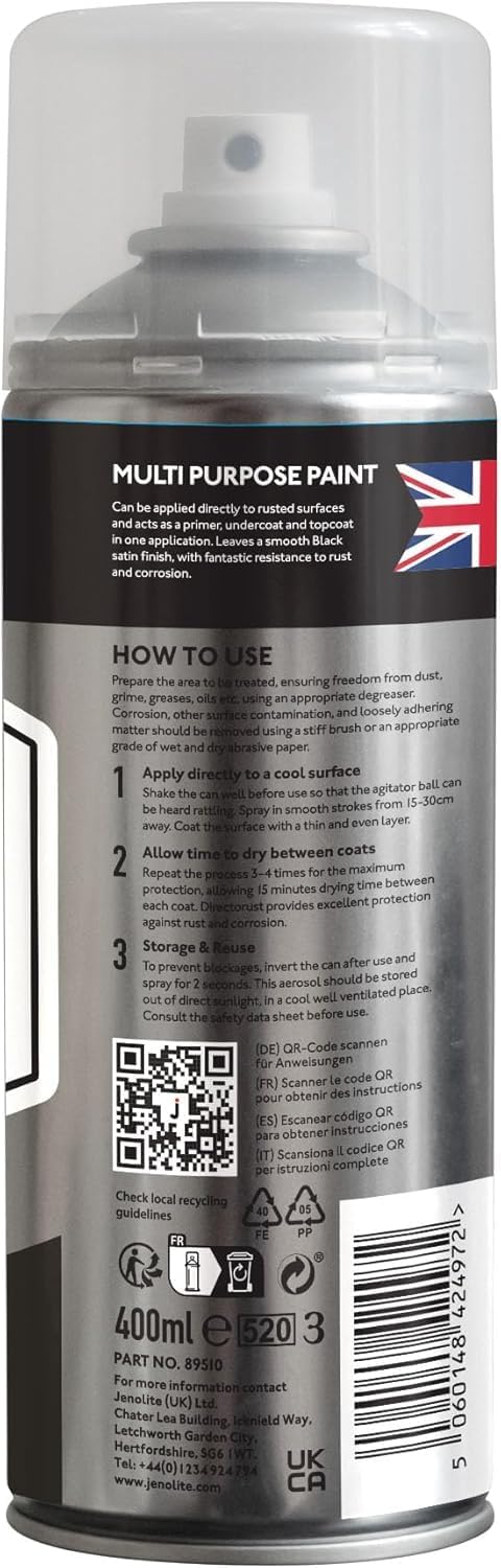 JENOLITE Directorust Satin Spray Paint | BLACK | 400ml (13.52fl oz) | Semi-Gloss Spray Paint | Wood, Metal, Plastic, Ceramic & Rusted Surfaces | Interior & Exterior Use | RAL 9005