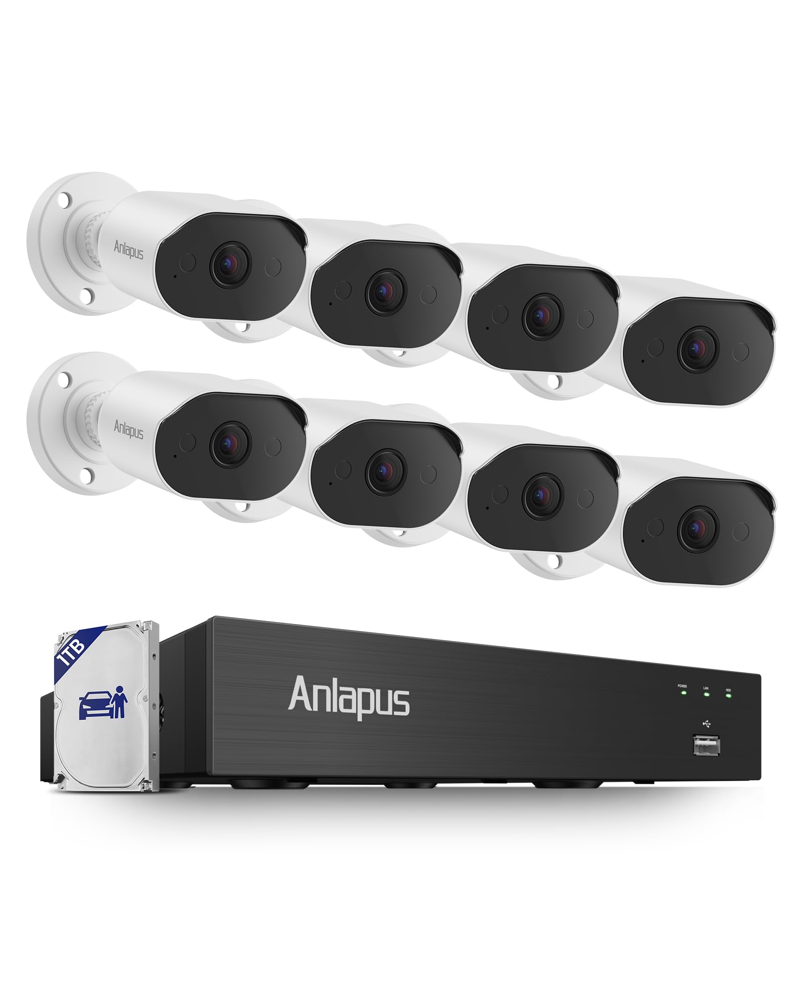 Anlapus 8CH 4K Security Camera System with Audio, 8pcs 8MP Wired CCTV Cameras Outdoor Indoor, AI Person/Vehicle Detection, Night Vision, H.265+ DVR with 1TB Hard Drive, 24/7 Recording, No Monthly Fee