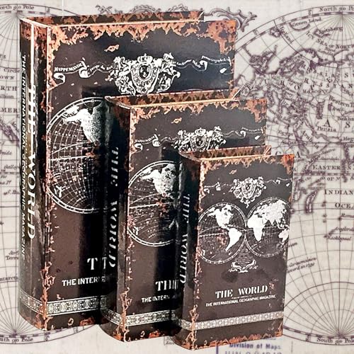 Bellaa Decorative Book Box Antiques Vintage Retro Invisible Secret Storage Faux Leather Wood Magnetic Set of 3 (Antique Map B)