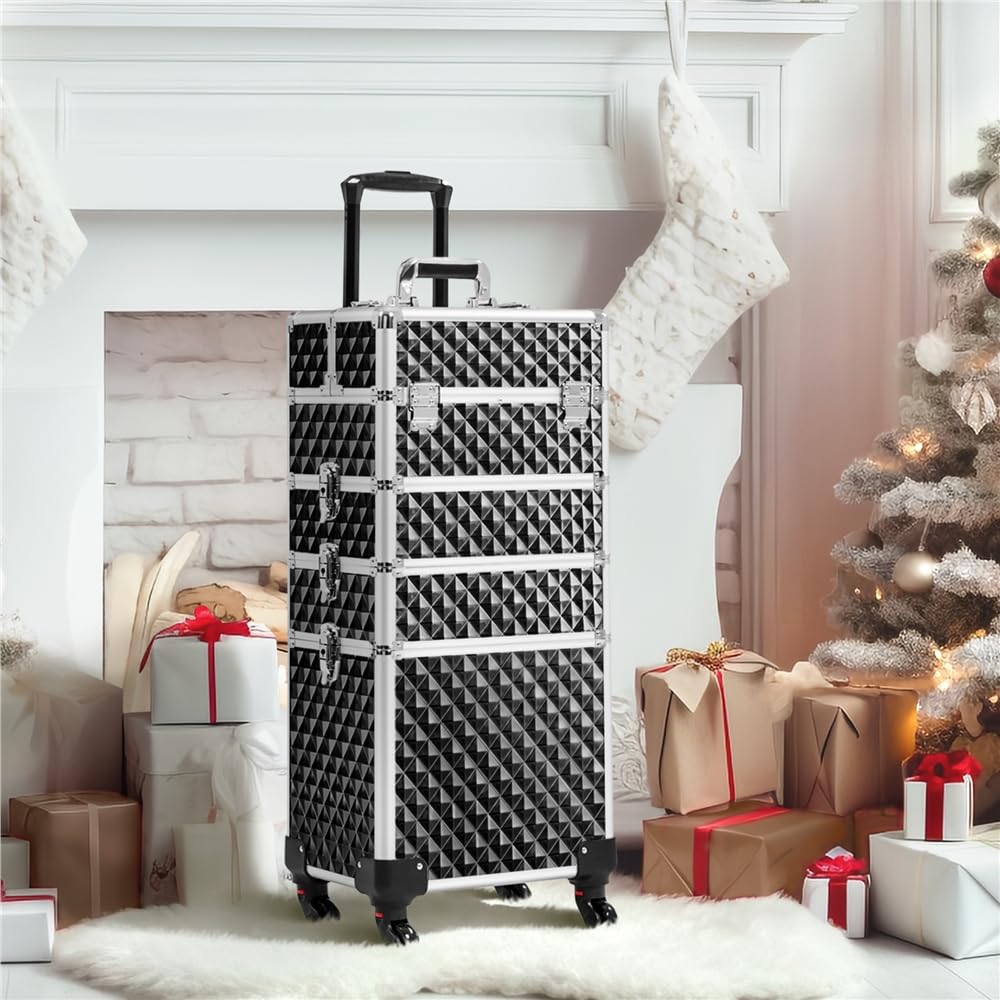 Yaheetech Valigia Porta Trucchi Trolley Estetista 4 in 1 Valigetta Make Up Beauty Case da Viaggio Grande con Ruote Girevoli Serrature Professionale 34 x 25,5 x 80 cm Nero Scintillante