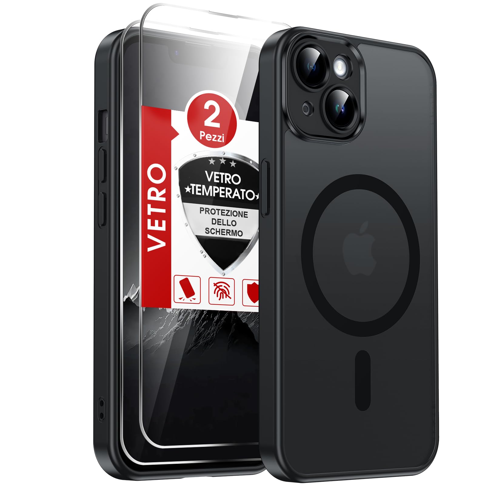 LeYi Cover Magnetica per iPhone 14 con 2 Pezzi Vetro Temperato(Nero) | Custodia Compatibile con MagSafe Traslucida Opaca Anti-Impronte Resistente Antigraffi Antiurto Protettiva per iPhone 14 Case