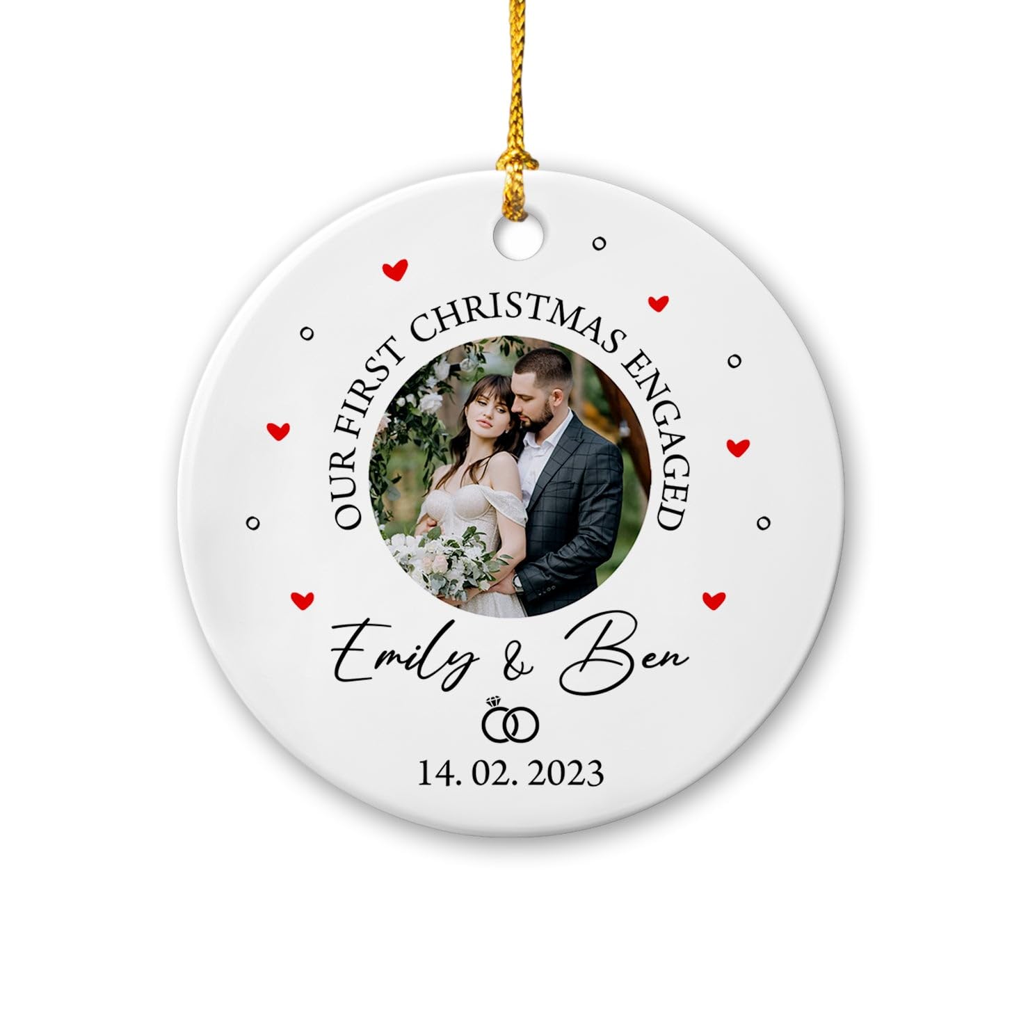 Our First Christmas Engaged Ceramic Ornament with Photo Picture, Personalized Photo Ornament Christmas 2023, 1st Xmas Engaged Photo Ornament for Mr & Mrs Couple, Custom Picture Name Ornament Xmas