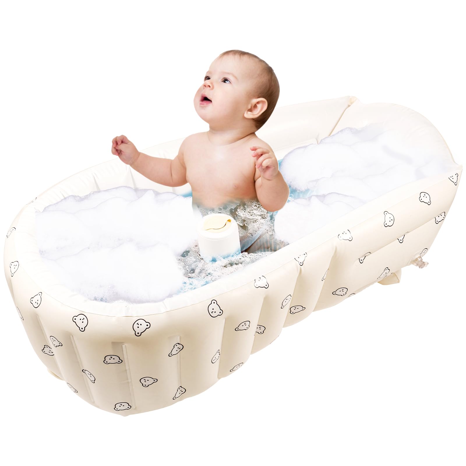 GWCYMYD Inflatable Baby Bathtub, Non-Slip Foldable Baby Bath Tub with Built in Pump, Thickened PVC Toddler Bath for Babies 0-5 Years Old (White Bear Head)