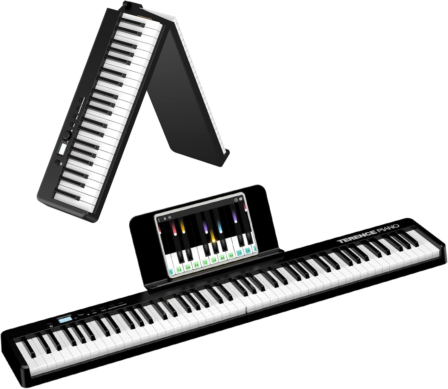 TERENCE Pieghevole Pianoforte Digitale con 88 Tasti semi-ponderati e Batteria da 1800mAh e interfaccia USB MIDI supporto spartiti Bluetooth Borse per Tastiera Cavo audio Cuffie Pedale Sustain nero