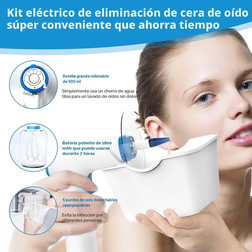 Kit de Limpiador de Oídos, 4 Modos Limpia Oidos Cera, Sistema de Riego Oídos con Puntas desechables y lavabo para Atrapar los oídos (9+1 puntas desechables)