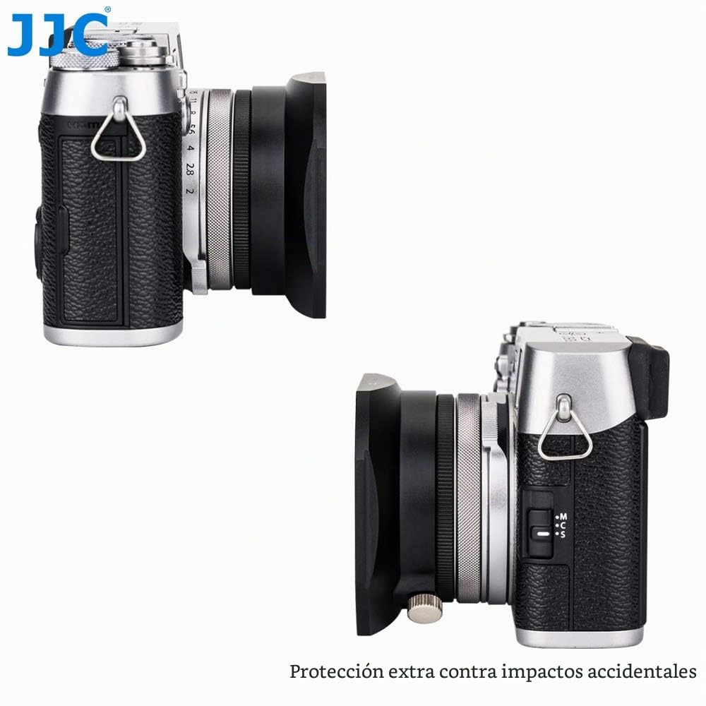 JJC Parasol cuadrado de metal con tapa de capucha para Fujifilm X100 Series y X70 | Capucha reversible de aluminio anodizado negro con tapa de lente deslizante, se adapta a filtro de 49 mm de diámetro