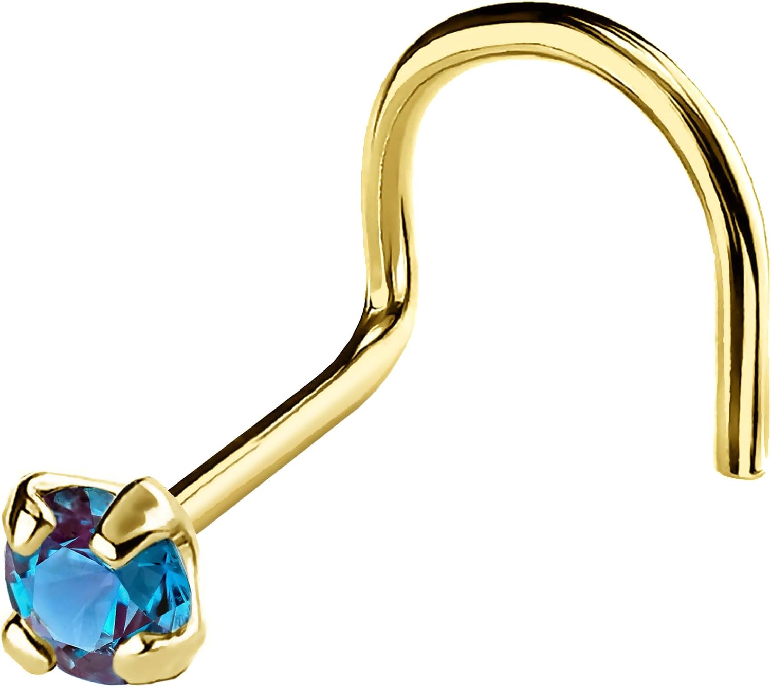 Solid 14K Gold Nose Screw Stud Lab-Alexandrite 22G Cork-screw Nose Stud - 14K White Gold / 14K Yellow Gold June Birthstone Nose Ring Stud