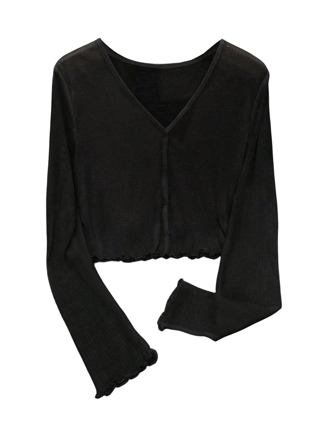 SHENHE Womens Lightweight Cardigan Button Up Rib Knit Top Lettuce Trim Long Sleeve Knitwear