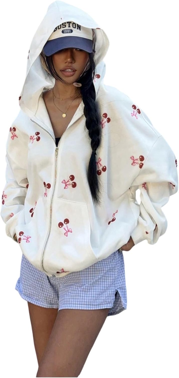 OYOANGLE Women's Zip Up Hoodies Y2K Cherry Print Long Sleeve Oversized Hooded Sweatshirts