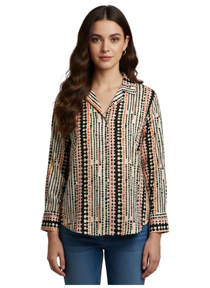 ANNI Designer Bedrucktes Damenhemd aus Baumwollmischgewebe, langärmelig, normale Passform, Hemdkragen, legere Bürokleidung, elegante Western-Kleidung für den Alltag, Hochzeit, Party