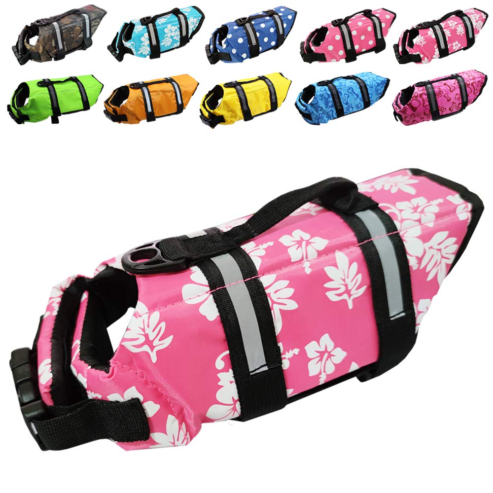 Dog Life Jacket Easy-Fit Adjustable Belt Pet Saver Swimming Safety Swimsuit Preserver with Reflective Stripes for Doggie (XS, Flowers and Pink)