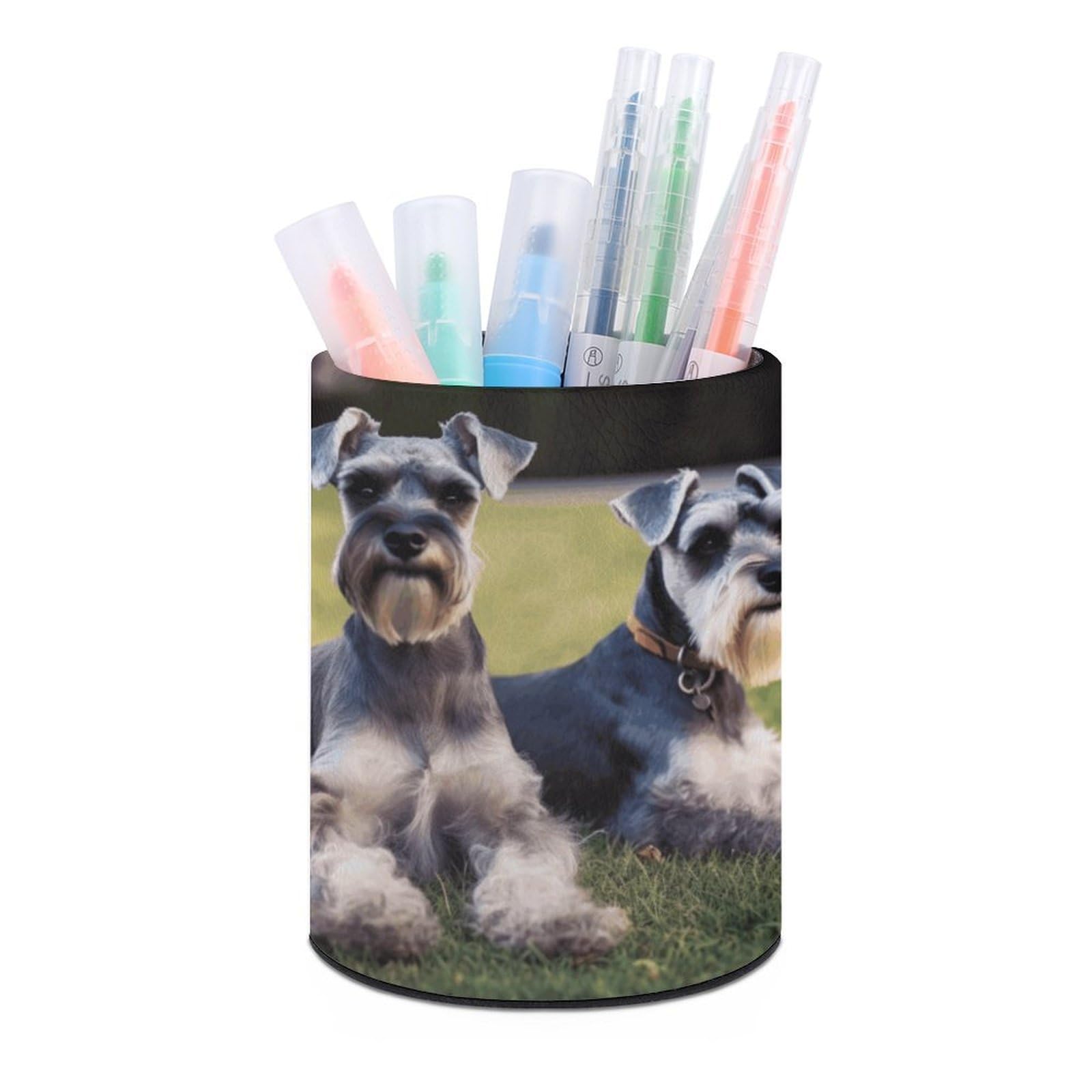 VstaDank Adult Schnauzer Dogs Pen Holder PU Leather Pencil Cup Minimalist Desk Pencil Holder Round Make Up Brush Organizers For Office Dorm Room&Vanity Desk Accessories