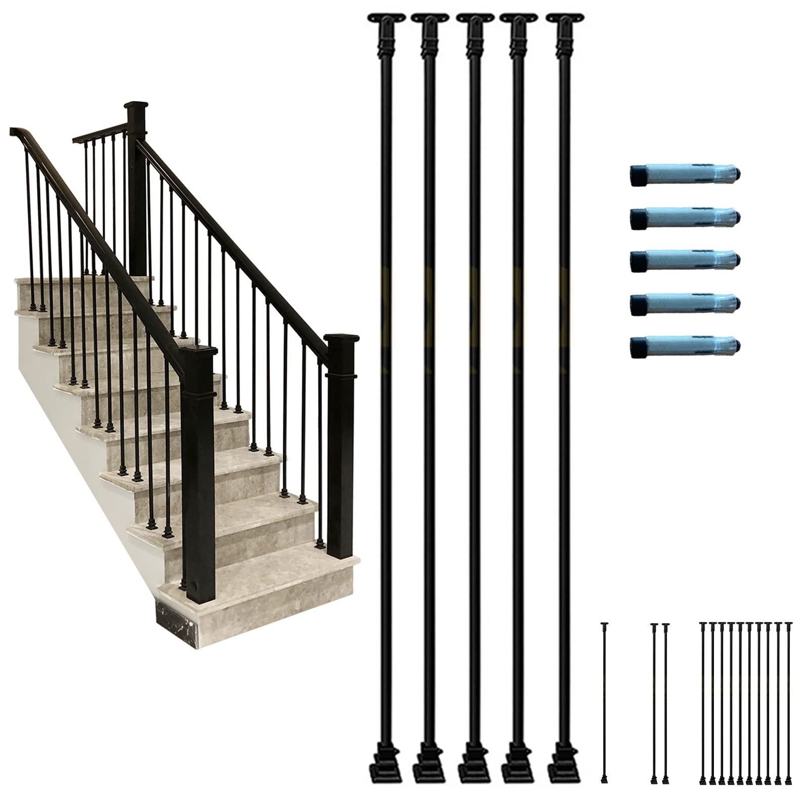 SUBBYE 1 2 5 10 Pack Baluster Spindles for Deckorators Staircase Indoor Attic Villa Balcony, Iron Black Stair Railing 100cm/110cm/120cm/130cm/140cm/150cm Tall, Can Be Cut