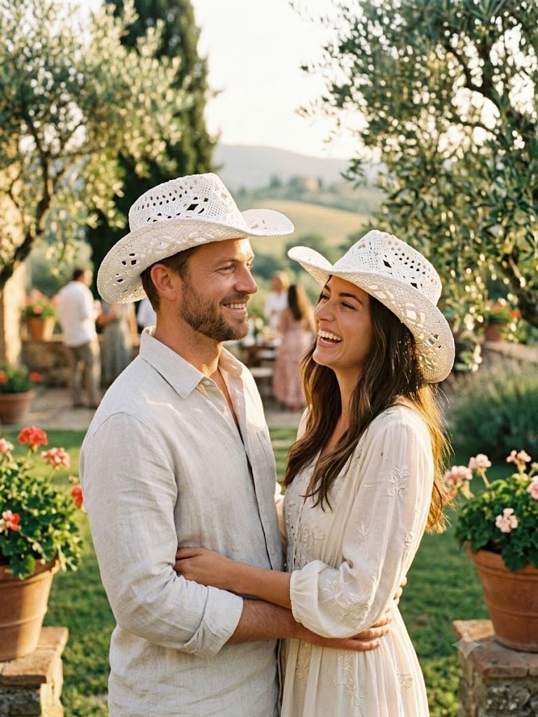 Cappello da Cowboy in Paglia Bianco Donna e Uomo - Cappello Western Estivo Traforato a Tesa Larga per Spiaggia e Viaggi V026