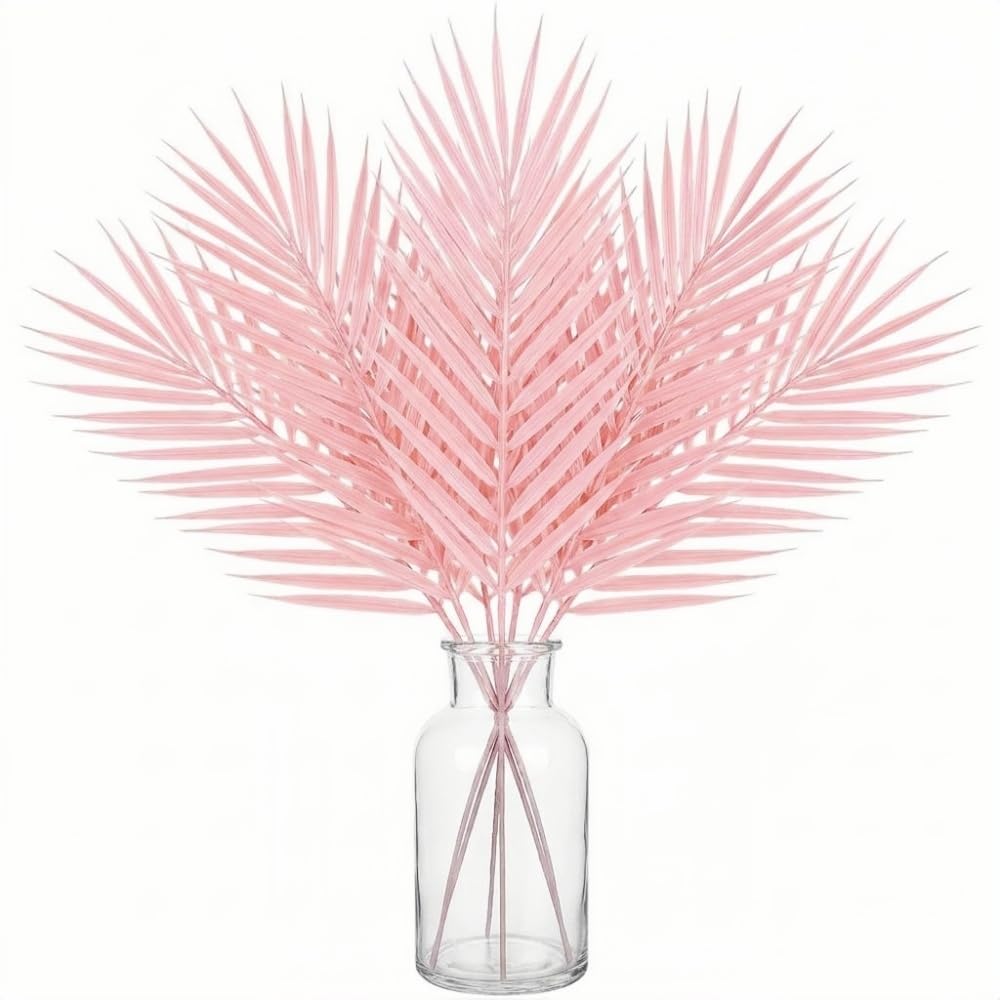 XIGUI 20 Pcs Artificial Palm Leaves, Faux Tropical Large Palm Fronds Lifelike Adjustable Faux Plantsfor Home, Kitchen, Party, Wedding Decoration (Pink)