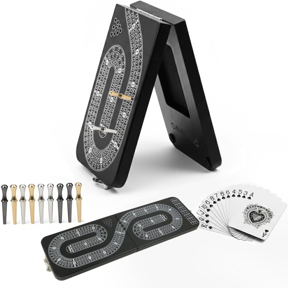 Foldable Wooden Cribbage Board Game Set - Unique S-Shaped 3 Track Black Cribbage Board with Storage, 9 Metal Pegs & Playing Cards - Portable Travel Board Game for Adults, Kids & Seniors