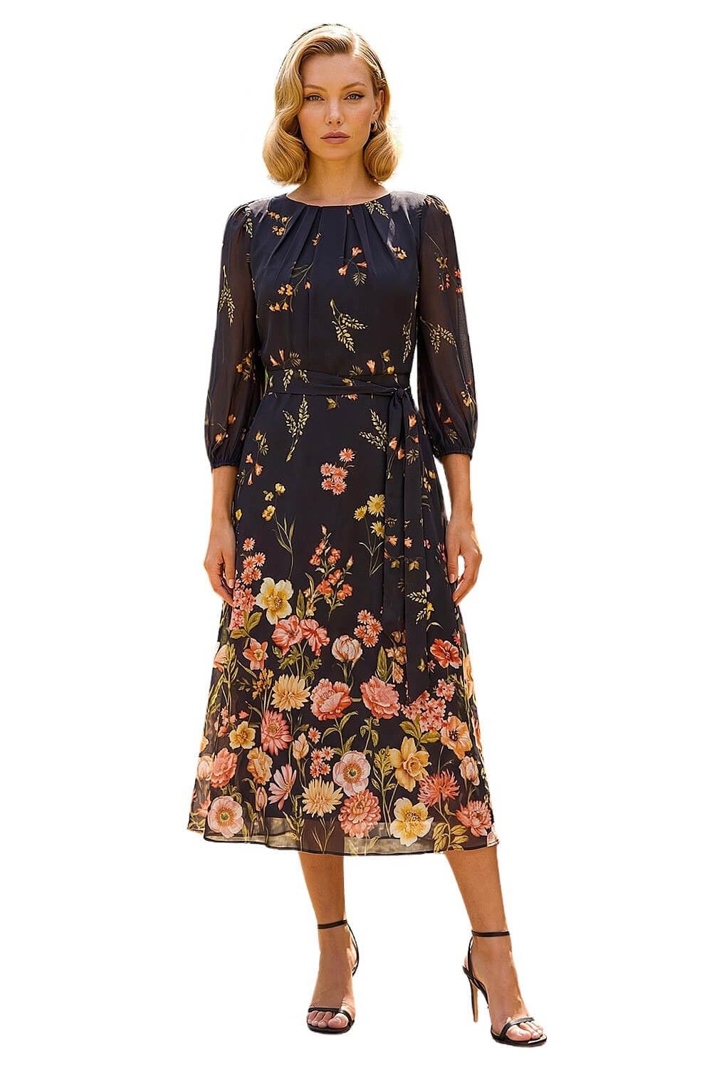 Roman Women's Black Border Print Pleated Midi Dress Size 14