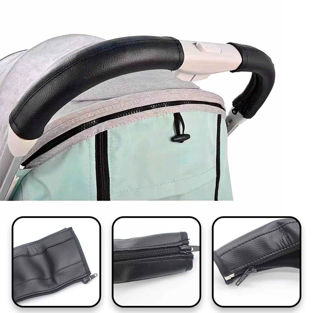 1 pezzi di copertura per passeggino, Maniglia universale in pelle PU passeggino protezione maniglia con chiusura lampo per passeggino e passeggino nero