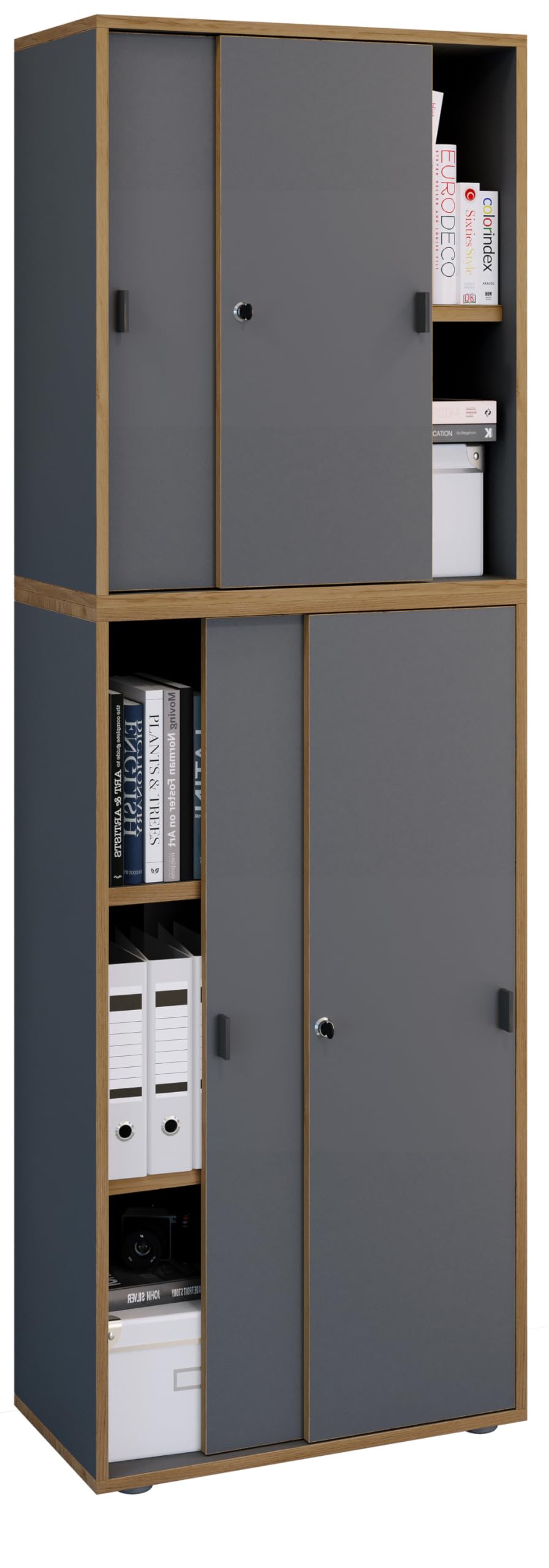 VCM Armario de Oficina de Madera Archivador Mobiliario de Oficina Armario Salia 5 Pliegues Anchura 60 cm Puertas correderas Antracita