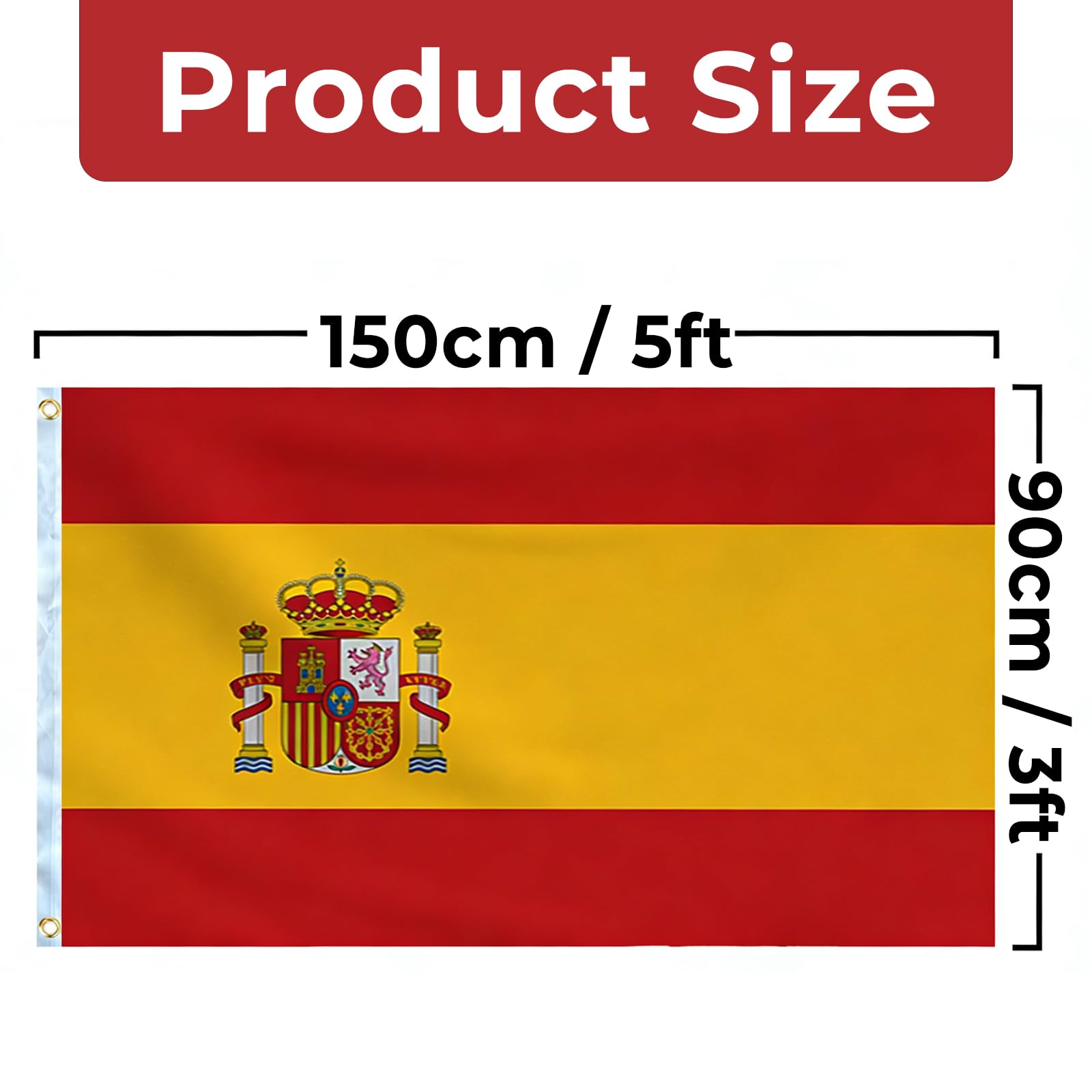 Bandera de España con Escudo para Exterior e Interior Resistente a la Intemperie con 2 Ojales de Latón y Costuras Dobles Ideal para Mundial 2026 y Eventos Deportivos 90x150 cm