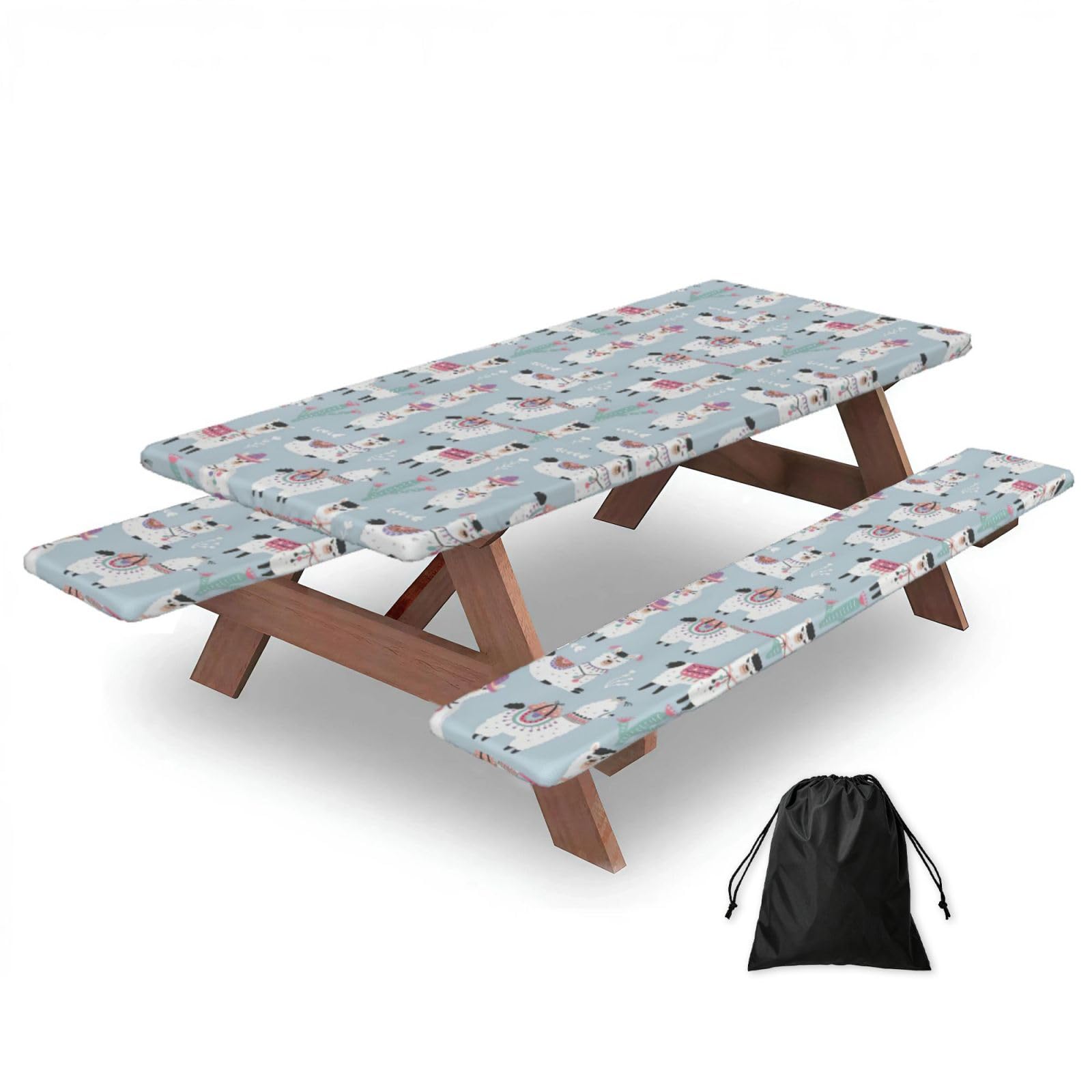 Yqxwjl Black Cute Alpaca Print Camping Essentials Waterproof Camping Table And Bench Cover With Drawstring Bag 183 Cm