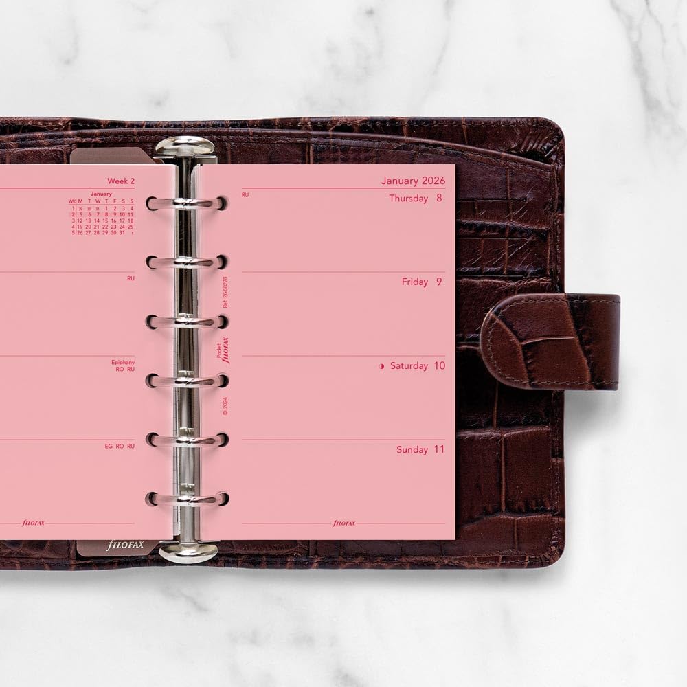 Filofax Recharge pour agenda 2026 format de poche, semainier, papier rose, non ligné, anglais, 2026 (C68278-26)