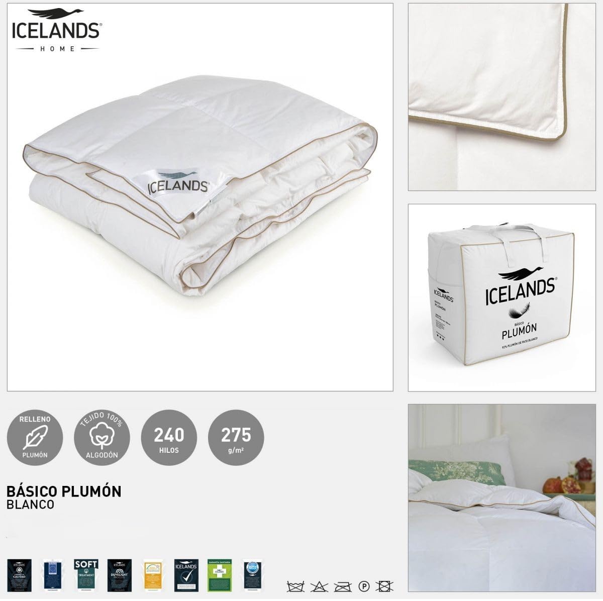 Icelands Edredón Nórdico de Plumón, 92% Plumón de Pato, 275 g/m², Algodón 240 Hilos, Blanco con Vivo Beige (Cama 90cm (150x220cm))