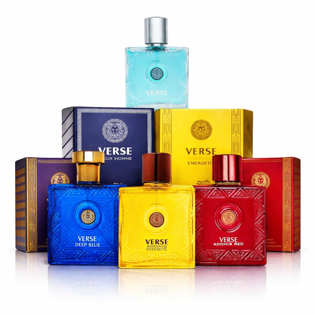 Verse Adonis Men’s Cologne Gift Set – 4 Fragrance Collection (Fresh, Deep Blue, Adonis Red, Energetic) – Long Lasting Eau De Toilette Sprays, Citrus, Woody, Aromatic & Spicy Notes – 3.4 Fl Oz Each