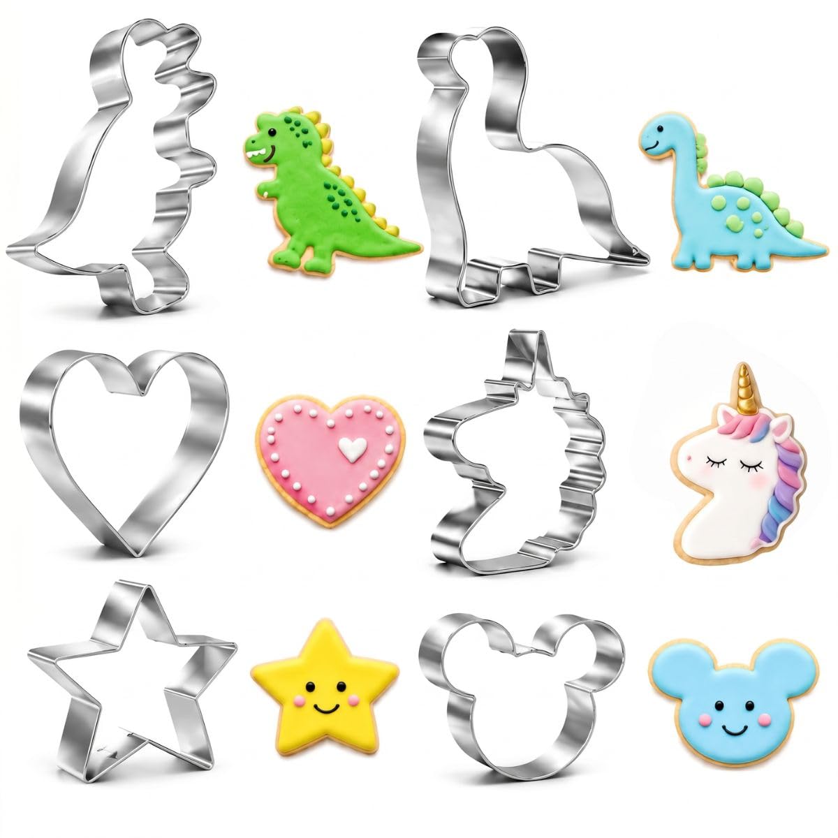 6 Pcs Biscuit Cutter Set – Dinosaur, Unicorn, Mouse Head, Star & Heart Shapes – Stainless Steel Cookie Cutters for Baking, Fondant, Sandwich