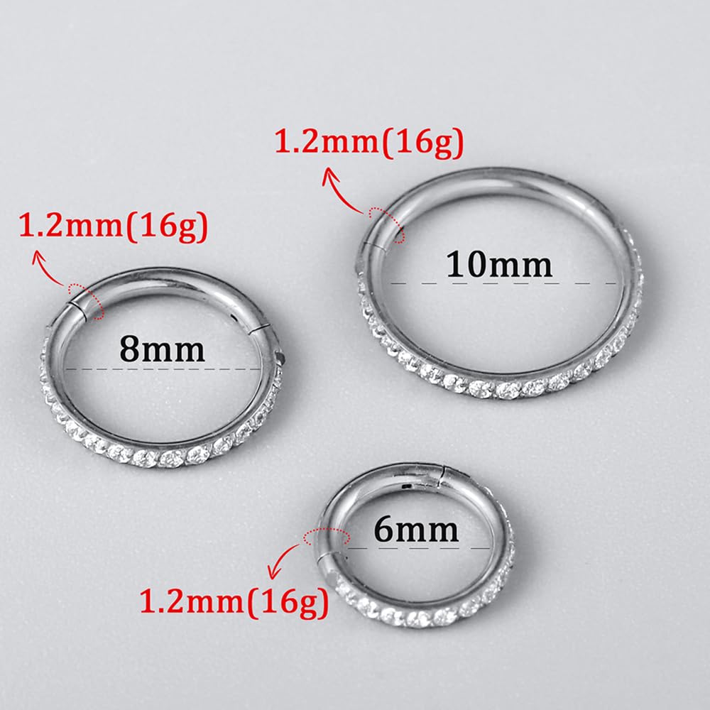 5/10 aros para tabique, 16 g/1,2 x (6-8-10) mm, acero inoxidable quirúrgico con circonita cúbica, aretes de aro para cartílago para roook, daith, tragus, patrón de concha, oro y plata