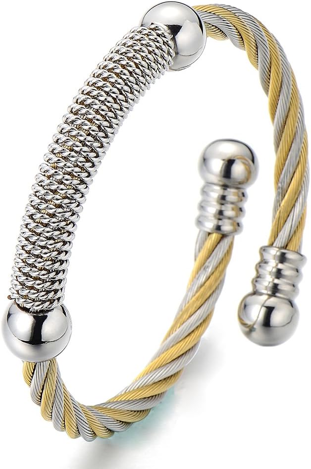 COOLSTEELANDBEYOND Stainless Steel Twisted Cable Cuff Bangle Bracelet for Mens for Women Silver Gold Two-Tone Polished - Image 2