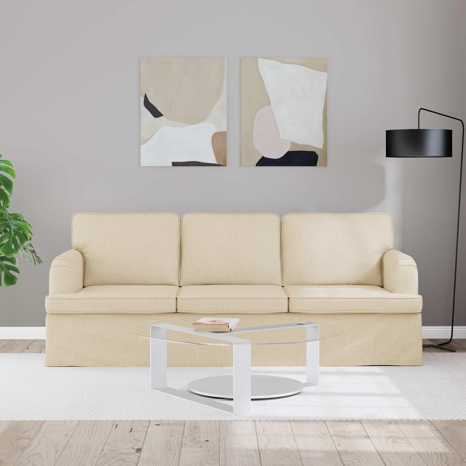 Sofa kremowa, 201 x 80 x 85 cm, materiał z wytrzymałą metalową ramą, ergonomicznym wzornictwem, wygodnymi tapicerkami, podłokietnikami i nóżkami z tworzywa sztucznego do salonu, sypialni i